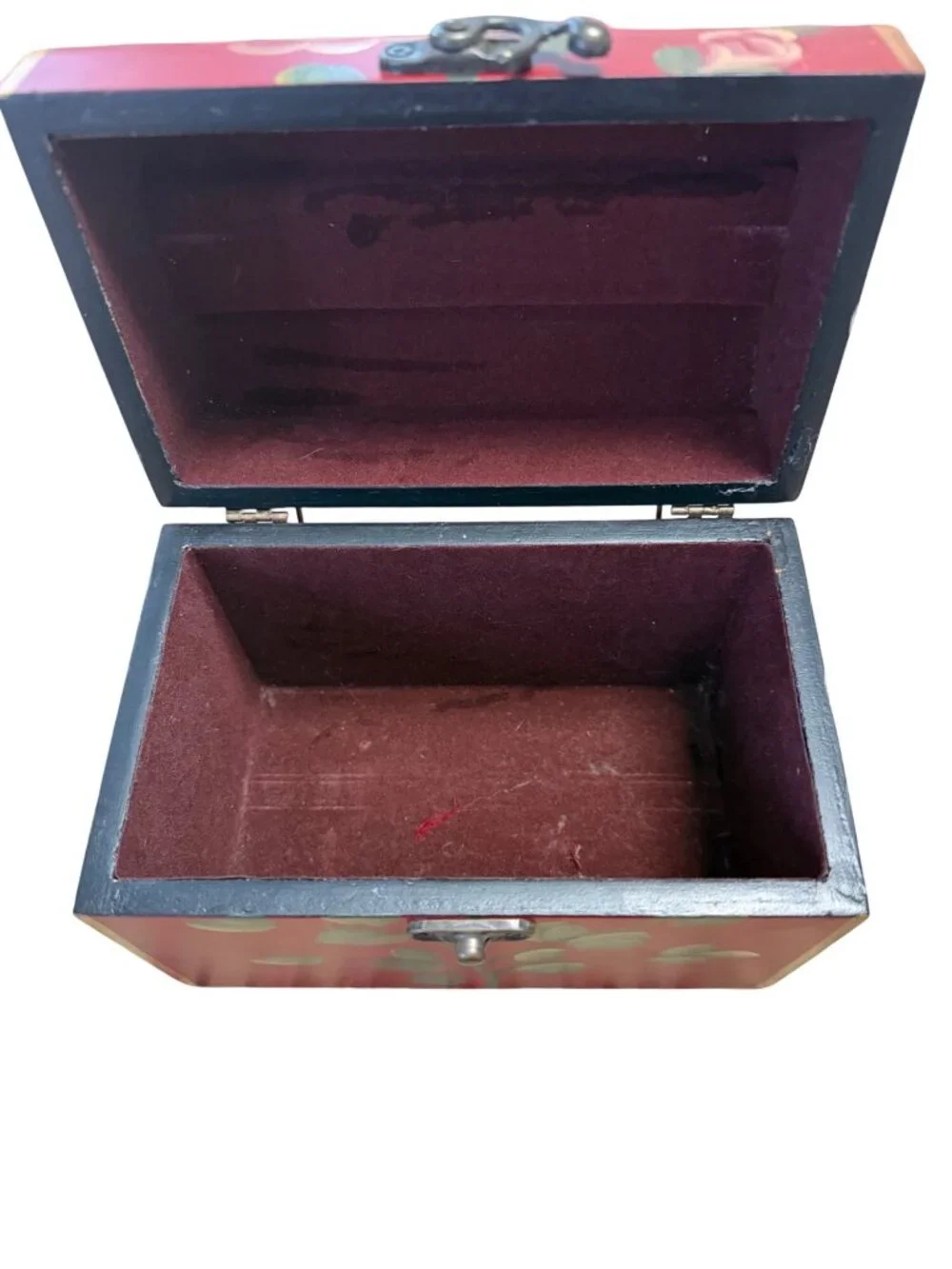 Vintage Hand Painted Floral Wooden Treasure Chest Jewelry Box Red Roses Emrad Cr